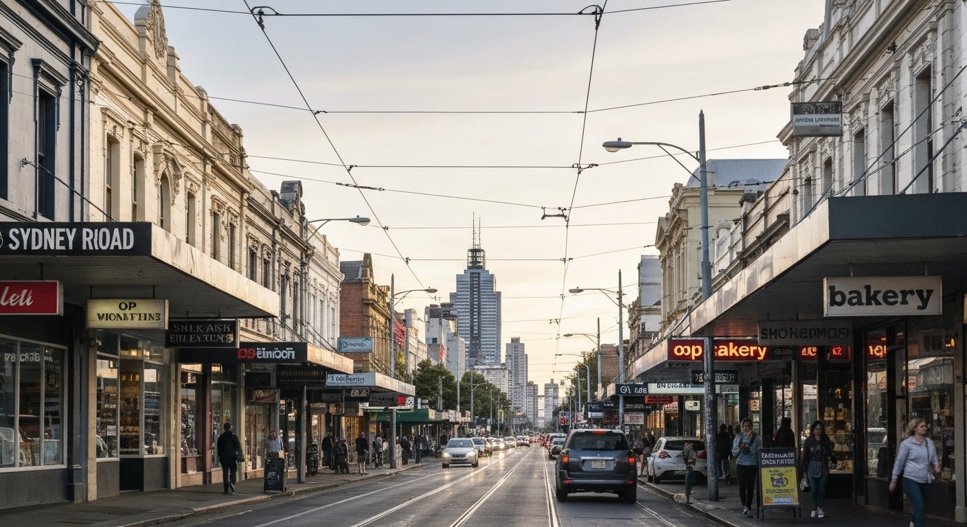 Sydney Road in Brunswick with tram wires overhead, op shops and bakery fronts lining the strip, late-afternoon light catching the constant traffic
