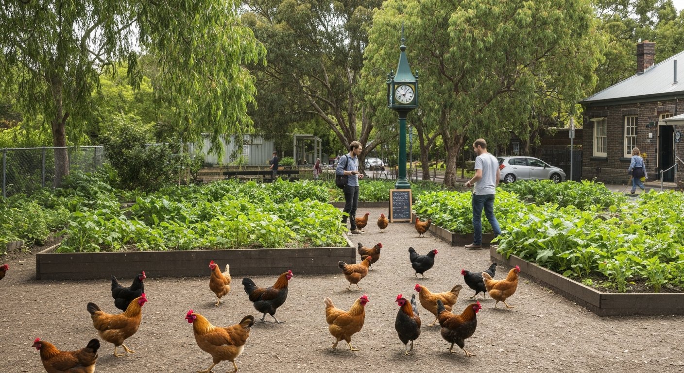 CERES Community Environment Park in Brunswick East, free-ranging chooks near the organic market garden with the Merri Creek greenery behind