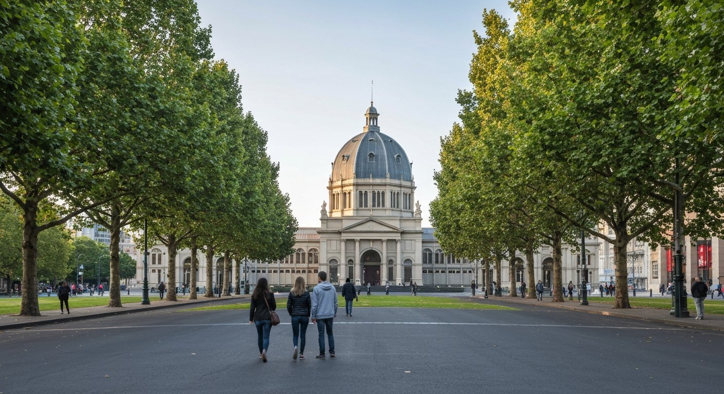 the Royal Exhibition Building rising beyond the Carlton Gardens, its dome framed by elm avenues and formal lawns in soft morning light