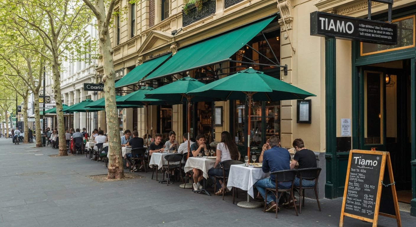 Tiamo’s green awning and umbrella tables on Lygon Street, with diners under plane trees and plates of pasta on the terrace