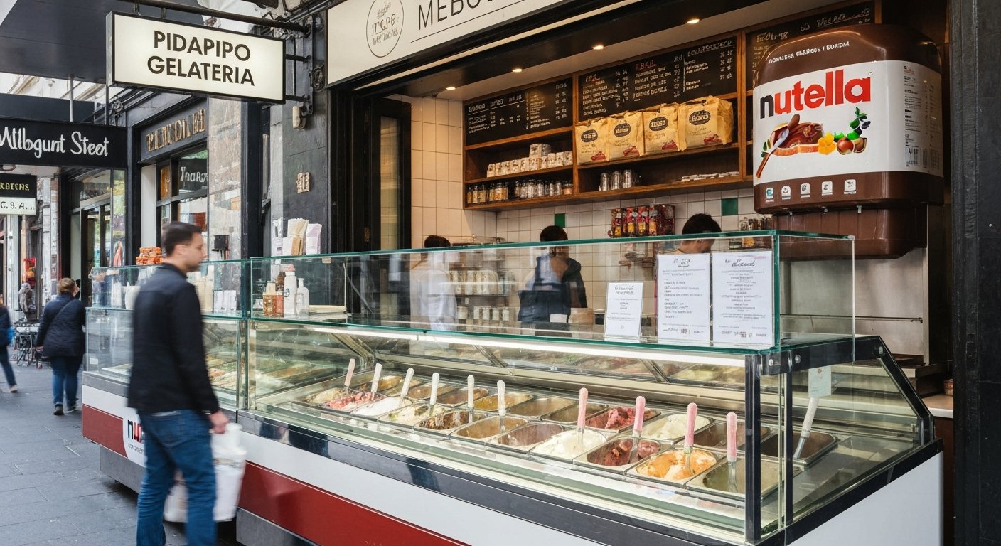 Pidapipo Gelateria’s counter at 299 Lygon Street, small-batch gelato tubs in front and the Nutella fountain gleaming behind glass