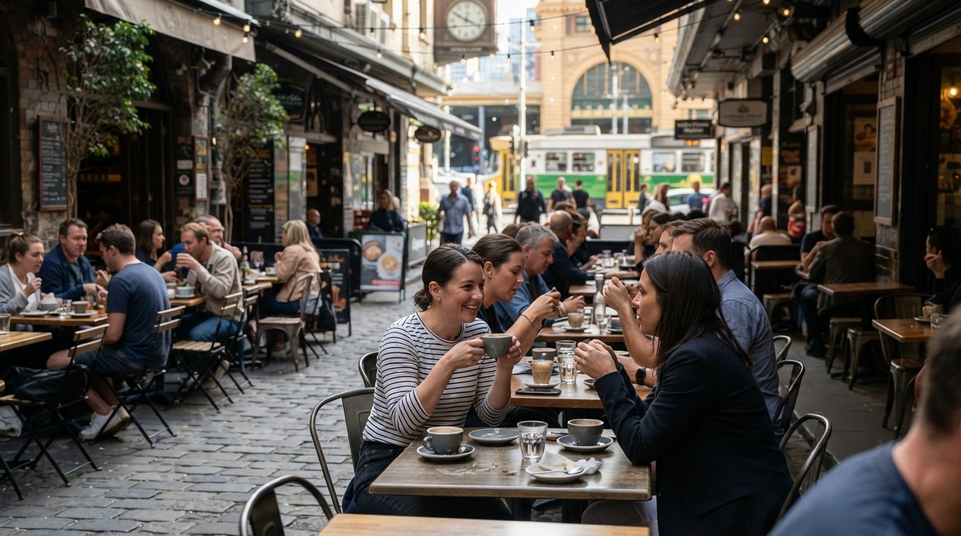 Degraves Street in the morning, outdoor tables packed under the narrow lane, espresso cups on saucers, tram noise just beyond Flinders Street