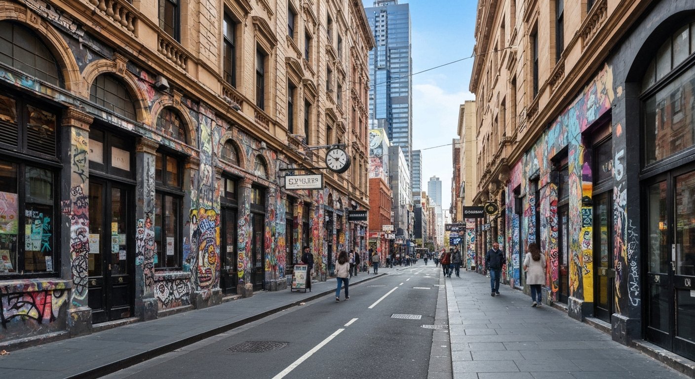 Hosier Lane opposite Federation Square, layered street art covering every wall, early light and a few passers-by before the crowds arrive