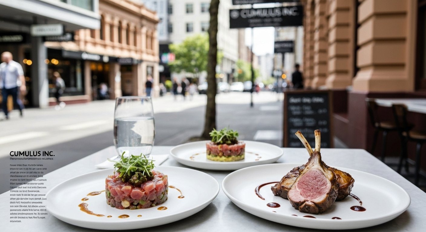 Cumulus Inc. on Flinders Lane at lunch, plates of tuna tartare and slow-roast lamb shoulder on a bright all-day dining table