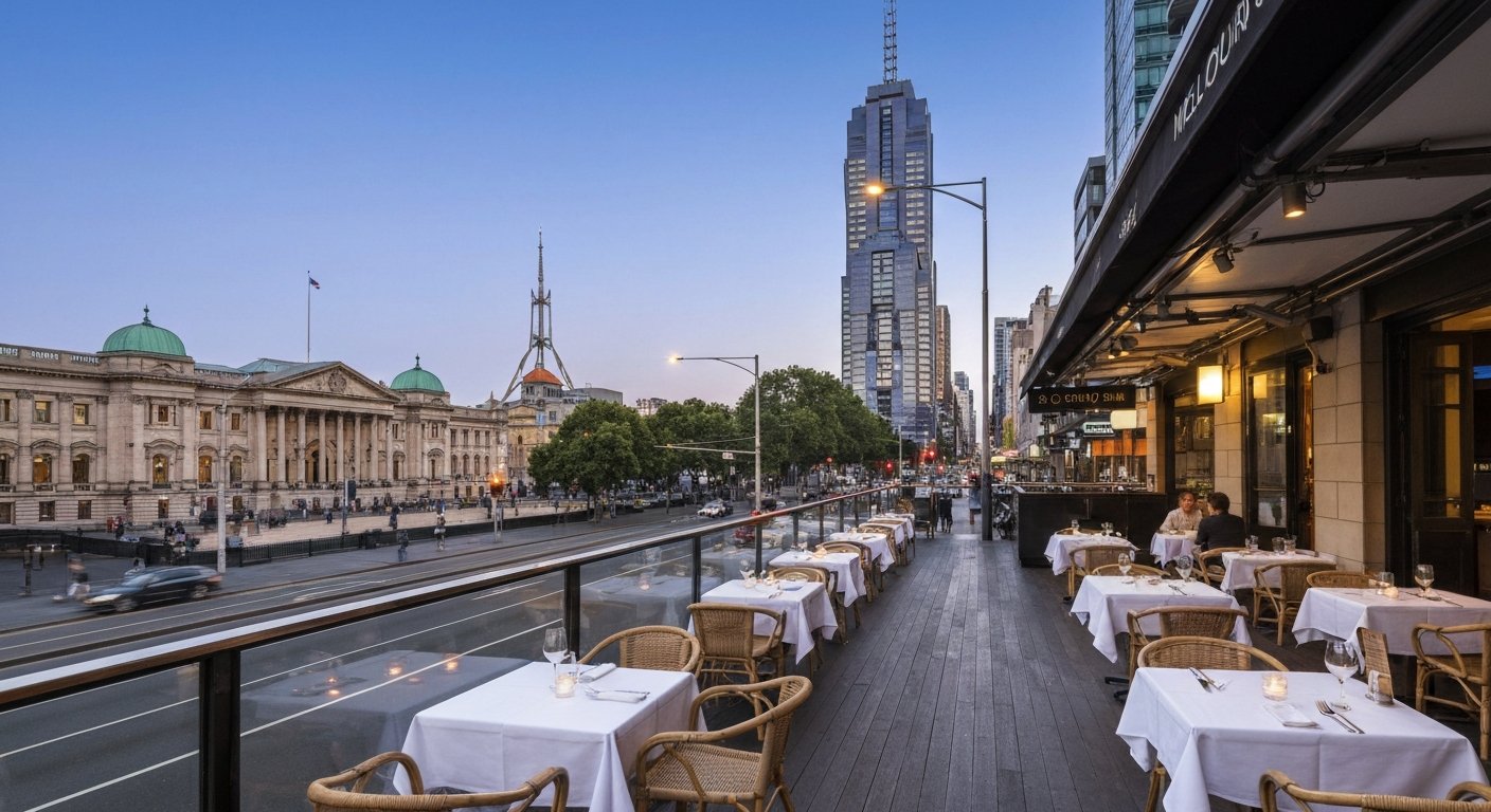 Siglo terrace above Melbourne Supper Club on Spring Street at dusk, white-clothed tables, wicker chairs and Parliament House across the street