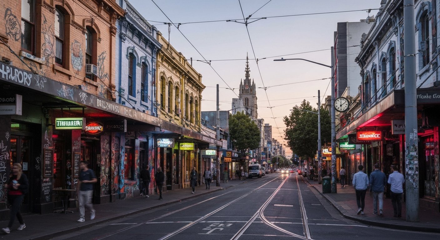 Brunswick Street in Fitzroy at dusk, tram wires overhead, mural-covered terraces and neon bar signs glowing along the strip