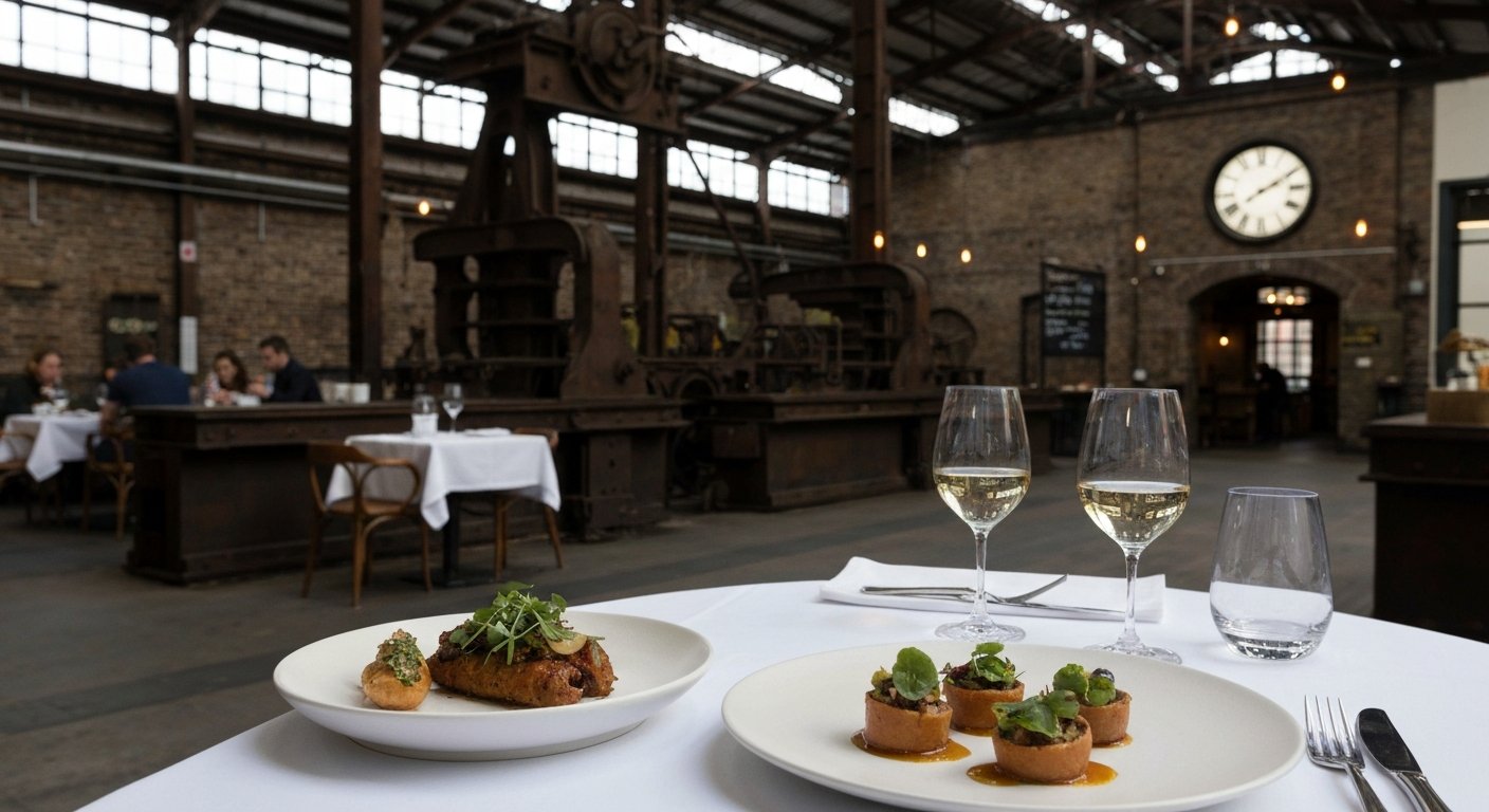 a polished tasting plate at Cutler & Co in Fitzroy, fine-dining plating on a white tablecloth inside a former metal works