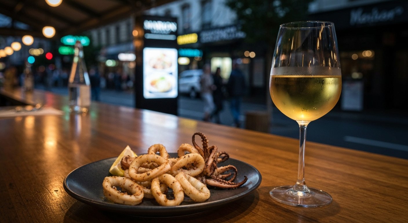 grilled calamari and a glass of natural wine at Marion on Gertrude Street, low-lit bar counter and warm evening atmosphere