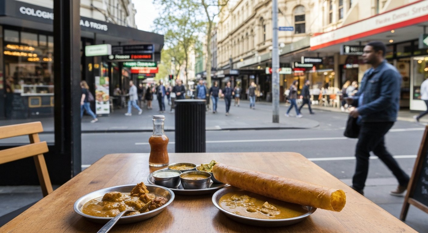a dosa and curry spread at Mukka on Brunswick Street, casual takeaway-style table with bustling street energy outside