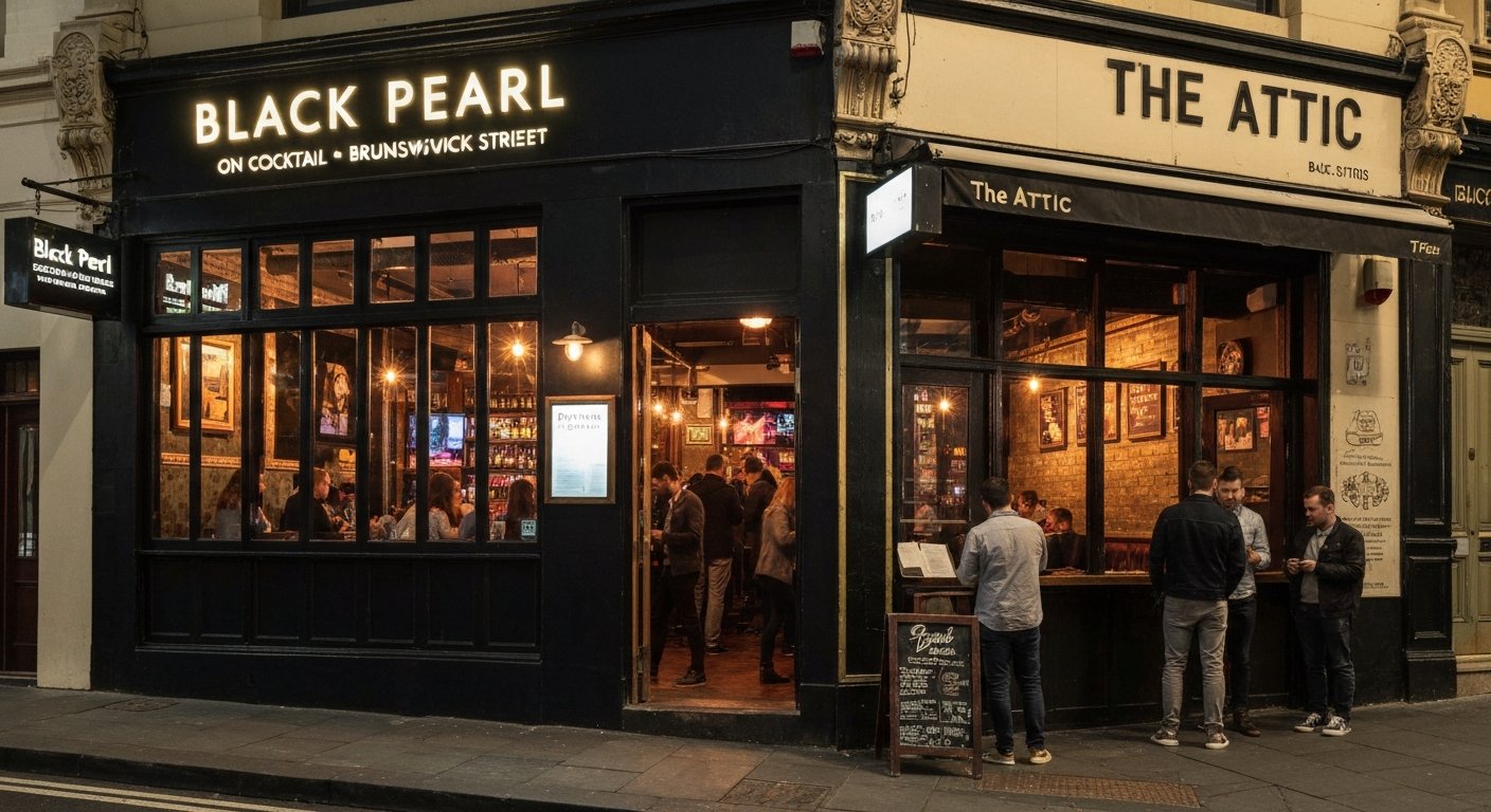Black Pearl on Brunswick Street at night, dark cocktail bar frontage with warm interior light and the back-stairs entrance to The Attic