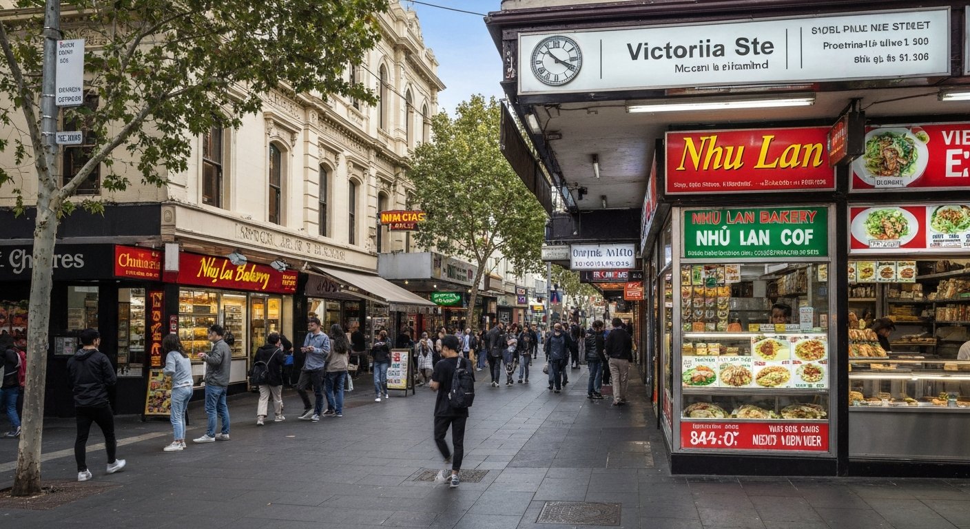 Victoria Street in Richmond at lunchtime, queues outside Nhu Lan Bakery and fluorescent shopfronts packed with Vietnamese food signs