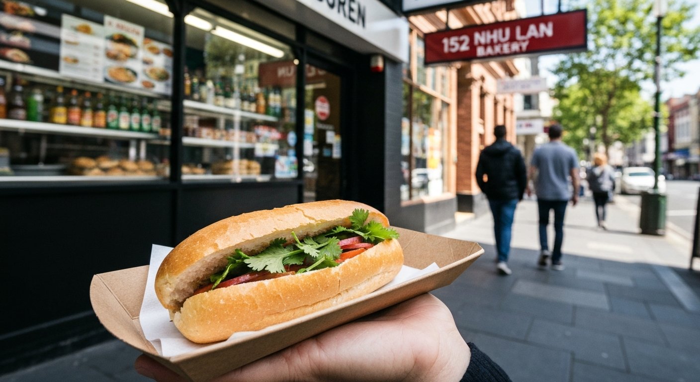 a banh mi from Nhu Lan Bakery on a paper tray, crust cracking open beside the 152 Victoria Street shopfront
