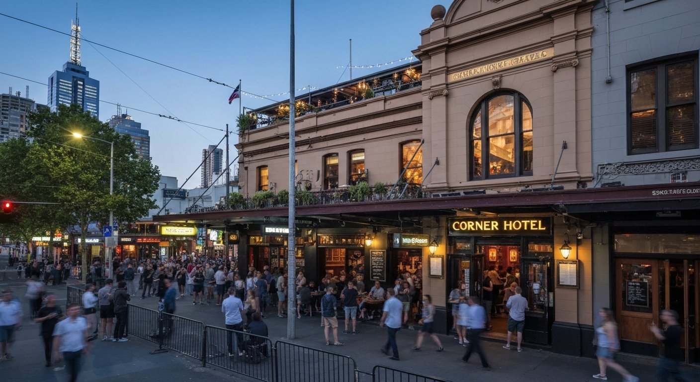 the Corner Hotel on Swan Street at dusk, live-music crowd outside the 19th-century pub and the rooftop beer garden above