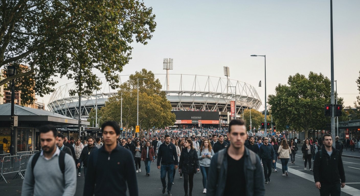 the MCG across Yarra Park on a match day, crowds in scarves walking toward the stadium under a pale Melbourne sky