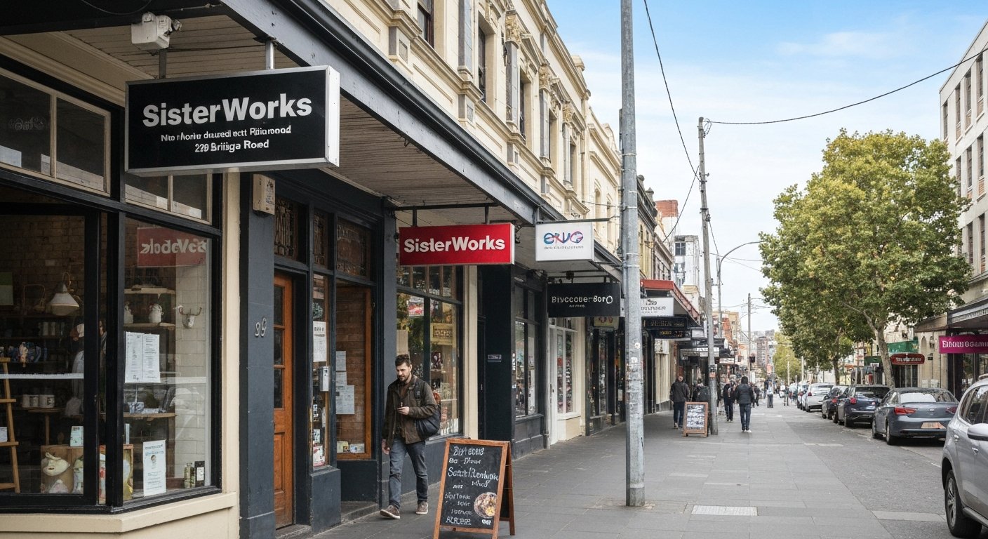 Bridge Road in Richmond with independent shopfronts and the entrance to SisterWorks at 296 Bridge Road in daylight