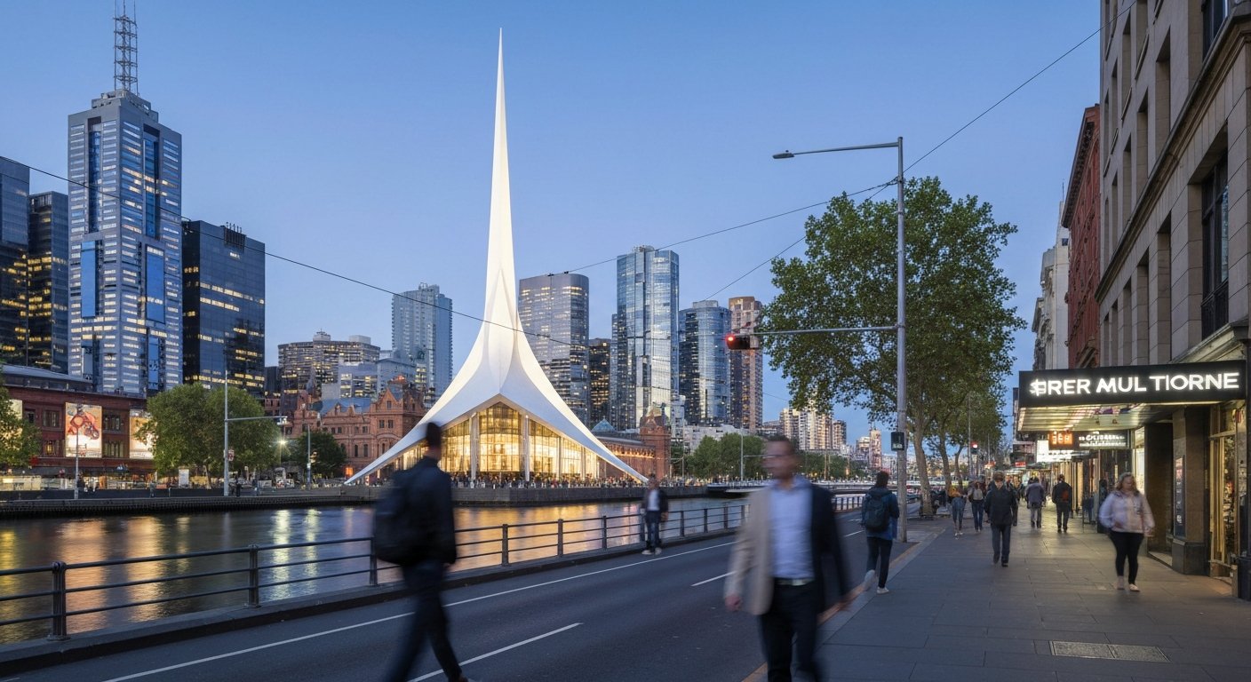 Arts Centre Melbourne’s white spire glowing against the evening sky on St Kilda Road, with the Yarra and glass towers beyond