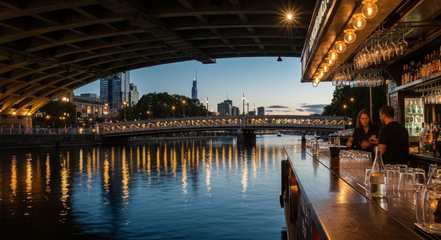 Ponyfish Island’s pontoon bar under the Evan Walker Bridge at dusk, warm lights reflecting on the Yarra and glasses on the counter