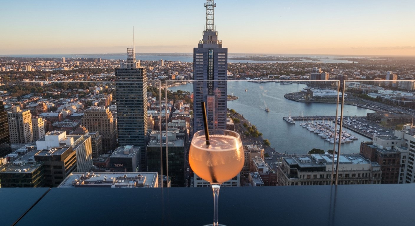 Strato Melbourne on the 40th floor at sunset, with a cocktail glass in the foreground and the CBD and bay stretching out below
