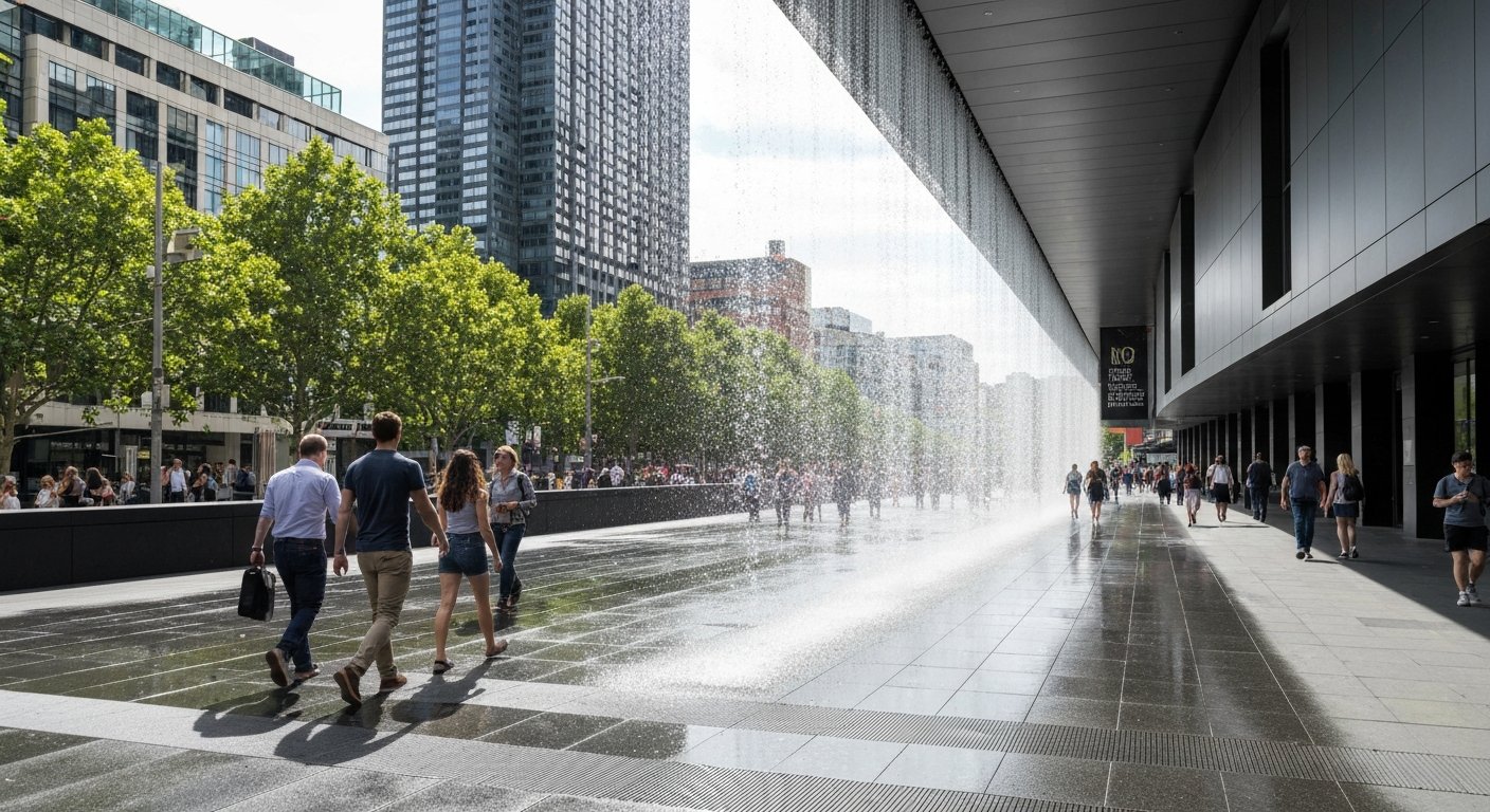 the Water Wall at NGV International with visitors walking through the curtain of water at the entrance on a bright daytime visit