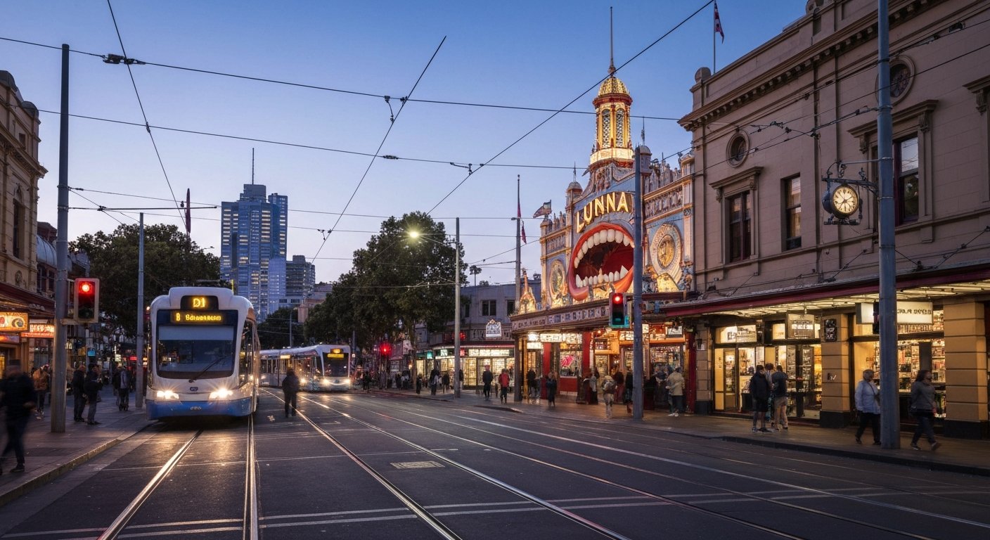 Luna Park’s grinning-mouth entrance on the Lower Esplanade at dusk, with the Scenic Railway climbing behind it and tram lights in the street