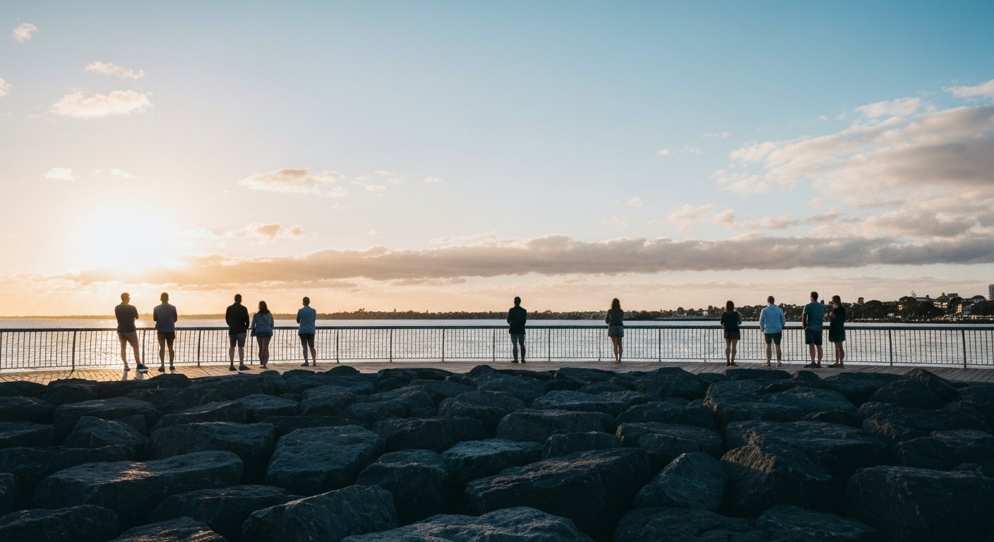 the St Kilda Breakwater viewing boardwalk at sunset, silhouettes of visitors facing the rocks while the bay turns silver-blue