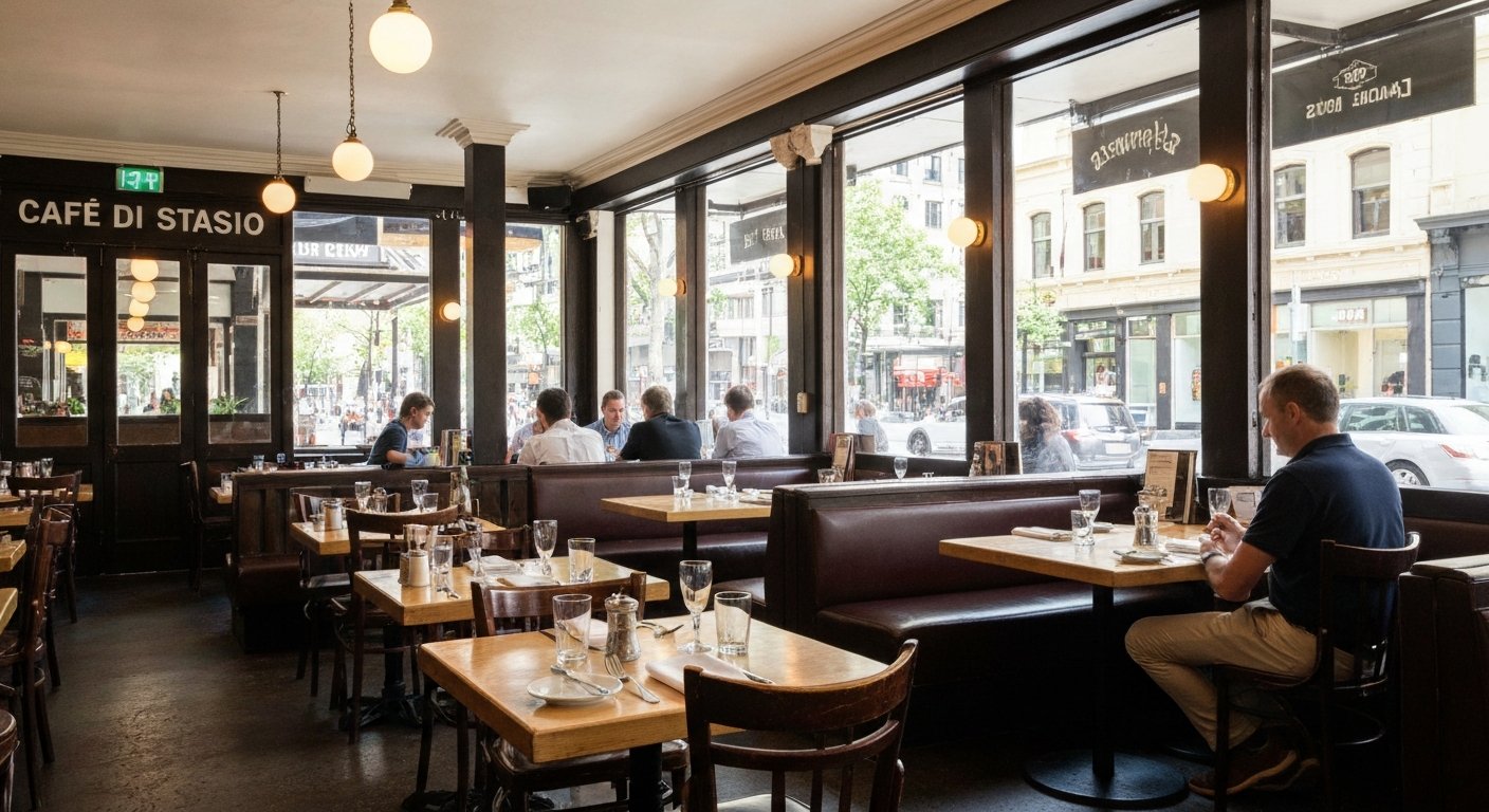 the white-jacketed dining room at Cafe Di Stasio on Fitzroy Street, polished tables set for lunch and soft daylight through the windows
