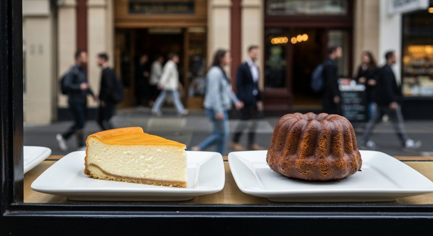 a slice of Polish cheesecake and a chocolate kugelhopf in the window at Monarch Cakes on Acland Street, afternoon light catching the sugar dust