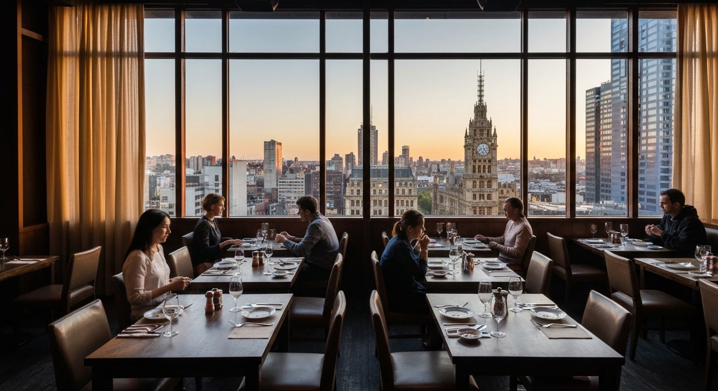 the top-floor bay-window dining room at Mya Tiger inside the Espy, sunset light on tables with Peking duck arriving